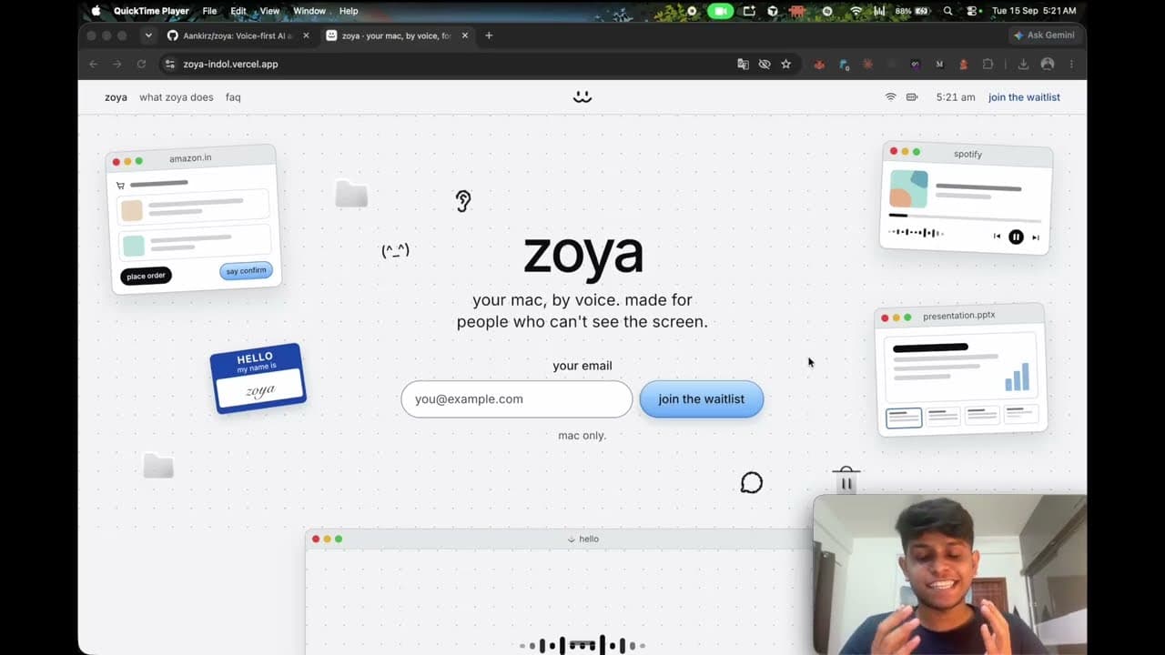 a mac screen showing the zoya website, with ankit speaking in the corner of the video.